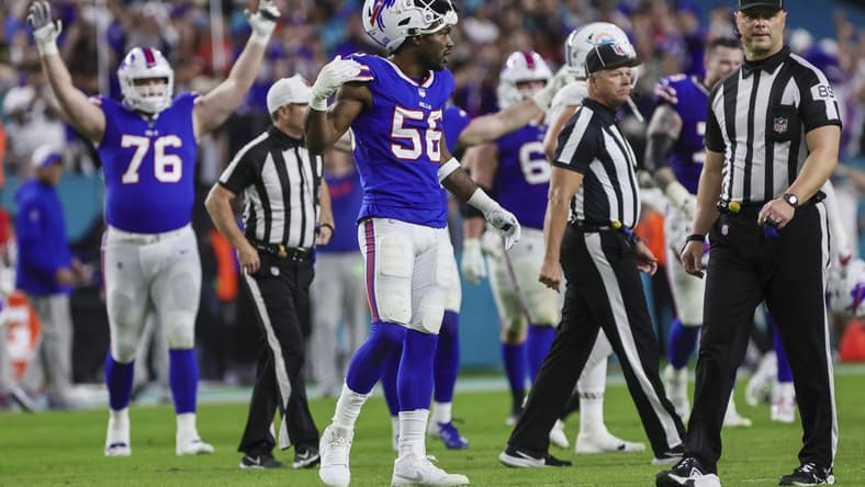 Jan 7, 2024; Miami Gardens, Florida, USA; Buffalo Bills defensive end Leonard Floyd (56) celebrates after winning the game against the Miami Dolphins at Hard Rock Stadium. Mandatory Credit: Sam Navarro-USA TODAY Sports