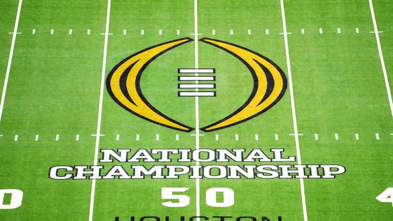 Jan 8, 2024; Houston, TX, USA; The 2024 CFP logo on the field before the 2024 College Football Playoff national championship game between the Michigan Wolverines and the Washington Huskies at NRG Stadium. Mandatory Credit: Kirby Lee-USA TODAY Sports