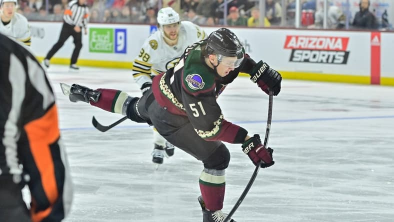 Jan 9, 2024; Tempe, Arizona, USA; Arizona Coyotes defenseman Troy Stecher (51) shoots the puck in the second period against the Boston Bruins at Mullett Arena. Mandatory Credit: Matt Kartozian-USA TODAY Sports