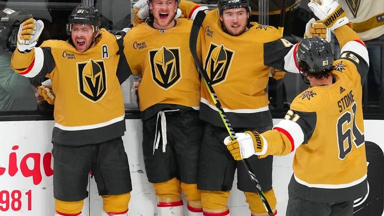 Jan 11, 2024; Las Vegas, Nevada, USA; Vegas Golden Knights center Jack Eichel (9) celebrates with Vegas Golden Knights right wing Jonathan Marchessault (81), Vegas Golden Knights center Ivan Barbashev (49) and Vegas Golden Knights right wing Mark Stone (61) after scoring a goal against the Boston Bruins during the third period at T-Mobile Arena. Mandatory Credit: Stephen R. Sylvanie-USA TODAY Sports