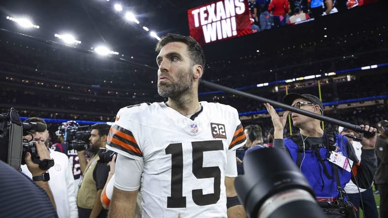 Jan 13, 2024; Houston, Texas, USA; Cleveland Browns quarterback Joe Flacco (15) on the field after a 2024 AFC wild card game against the Houston Texans at NRG Stadium. Mandatory Credit: Troy Taormina-USA TODAY Sports