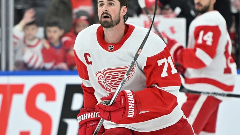 Jan 14, 2024; Toronto, Ontario, CAN;  Detroit Red Wings forward Dylan Larkin (71) warms up before playing the Toronto Maple Leafs at Scotiabank Arena. Mandatory Credit: Dan Hamilton-USA TODAY Sports