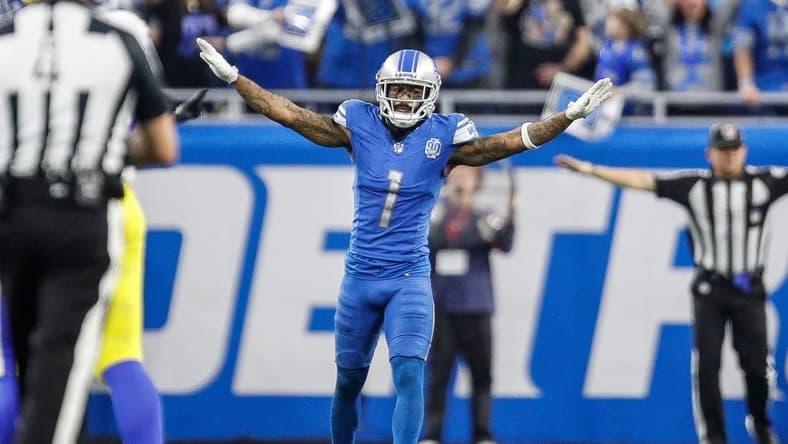 Detroit Lions cornerback Cameron Sutton (1) celebrates a play against the Los Angeles Rams during the second half of the wild-card round game at Ford Field in Detroit on Sunday, Jan, 14, 2024.