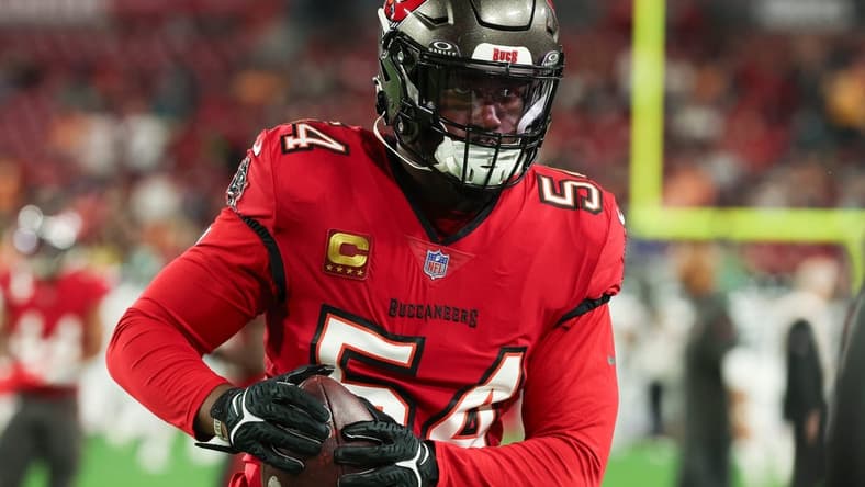 Jan 15, 2024; Tampa, Florida, USA; Tampa Bay Buccaneers linebacker Lavonte David (54) carries the ball during warm ups before a 2024 NFC wild card game against the Philadelphia Eagles at Raymond James Stadium. Mandatory Credit: Kim Klement Neitzel-USA TODAY Sports