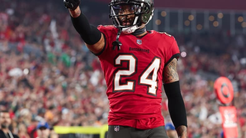 Jan 15, 2024; Tampa, Florida, USA; Tampa Bay Buccaneers cornerback Carlton Davis III (24) gestures after a play against the Philadelphia Eagles during the second half of a 2024 NFC wild card game at Raymond James Stadium. Mandatory Credit: Kim Klement Neitzel-USA TODAY Sports