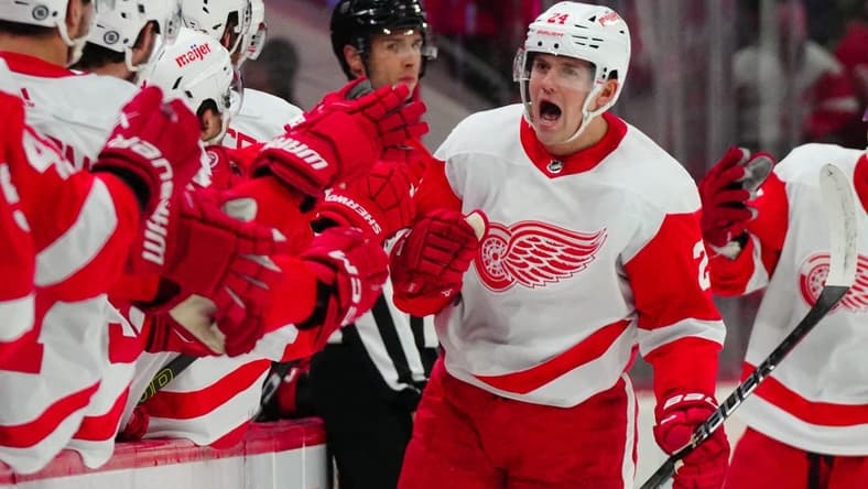 Jan 19, 2024; Raleigh, North Carolina, USA;  Detroit Red Wings center Klim Kostin (24) celebrates his goal against the Carolina Hurricanes during the first period at PNC Arena. Mandatory Credit: James Guillory-USA TODAY Sports