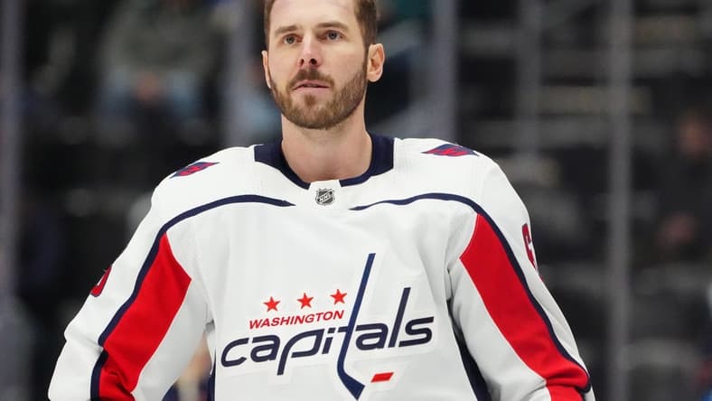 Jan 24, 2024; Denver, Colorado, USA; Washington Capitals defenseman Joel Edmundson (6) before the game against the Colorado Avalanche at Ball Arena. Mandatory Credit: Ron Chenoy-USA TODAY Sports