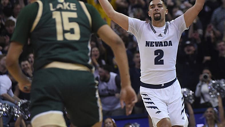 Nevada's Jarod Lucas celebrates after hitting a three point shot while taking on Colorado State at Lawlor Events Center in Reno on Jan. 24, 2024.
