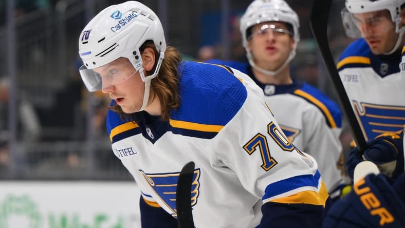 Jan 26, 2024; Seattle, Washington, USA; St. Louis Blues center Oskar Sundqvist (70) after scoring a goal against the Seattle Kraken during the first period at Climate Pledge Arena. Mandatory Credit: Steven Bisig-USA TODAY Sports