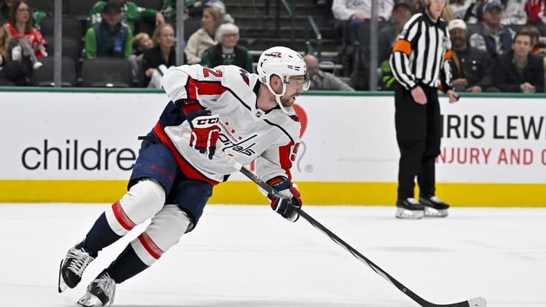 Jan 27, 2024; Dallas, Texas, USA; Washington Capitals center Evgeny Kuznetsov (92) skates against the Dallas Stars during the second period at the American Airlines Center. Mandatory Credit: Jerome Miron-USA TODAY Sports