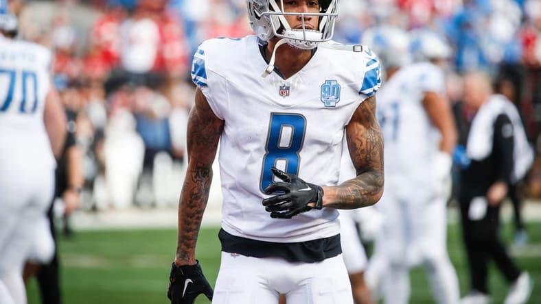 Detroit Lions receiver Josh Reynolds warms up before the NFC championship game against the San Francisco 49ers at Levi's Stadium in Santa Clara, Calif. on Sunday, Jan. 28, 2024.
