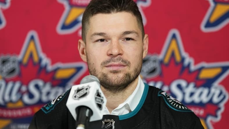 Feb 1, 2024; Toronto, Ontario, CANADA; San Jose Sharks Tomas Hertl speaks to the media during NHL All-Star Thursday at Scotiabank Arena. Mandatory Credit: Nick Turchiaro-USA TODAY Sports