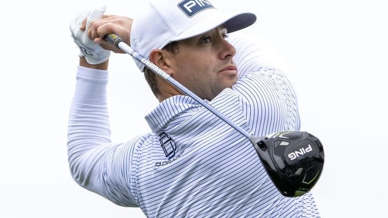 February 3, 2024; Pebble Beach, California, USA; Taylor Moore hits his tee shot on the third hole during the third round of the AT&T Pebble Beach Pro-Am golf tournament at Pebble Beach Golf Links. Mandatory Credit: Kyle Terada-USA TODAY Sports