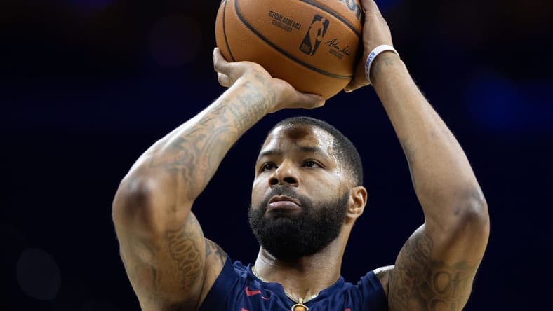 Feb 3, 2024; Philadelphia, Pennsylvania, USA; Philadelphia 76ers forward Marcus Morris Sr. warms up before action against the Brooklyn Nets at Wells Fargo Center. Mandatory Credit: Bill Streicher-USA TODAY Sports