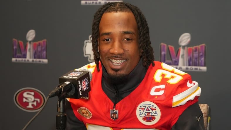 Feb 7, 2024; Las Vegas, NV, USA; Kansas City Chiefs cornerback L'Jarius Sneed (38) during a press conference before Super Bowl LVIII at Westin Lake Las Vegas Resort and Spa. Mandatory Credit: Kirby Lee-USA TODAY Sports