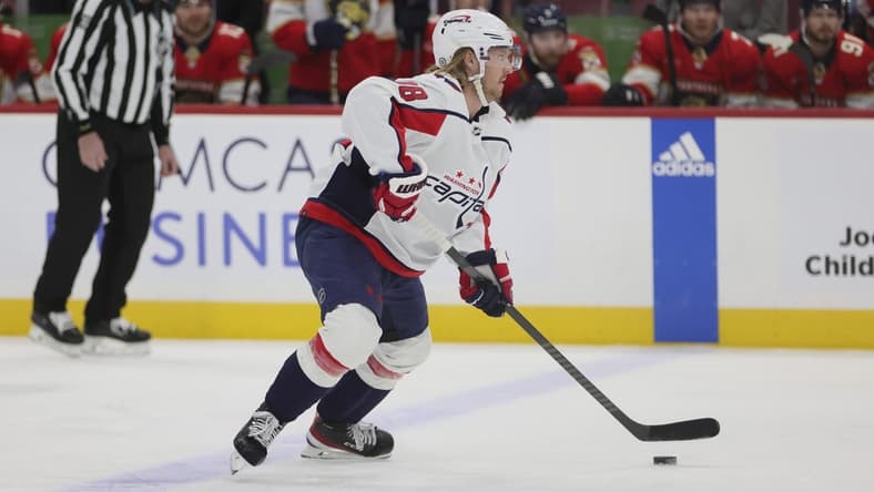 Feb 8, 2024; Sunrise, Florida, USA; Washington Capitals defenseman Rasmus Sandin (38) moves the puck against the Florida Panthers during the first period at Amerant Bank Arena. Mandatory Credit: Sam Navarro-USA TODAY Sports