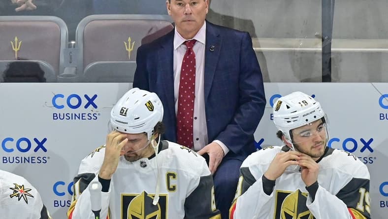 Feb 8, 2024; Tempe, Arizona, USA; Vegas Golden Knights head coach Bruce Cassidy looks on prior to the game against the Arizona Coyotes at Mullett Arena. Mandatory Credit: Matt Kartozian-USA TODAY Sports