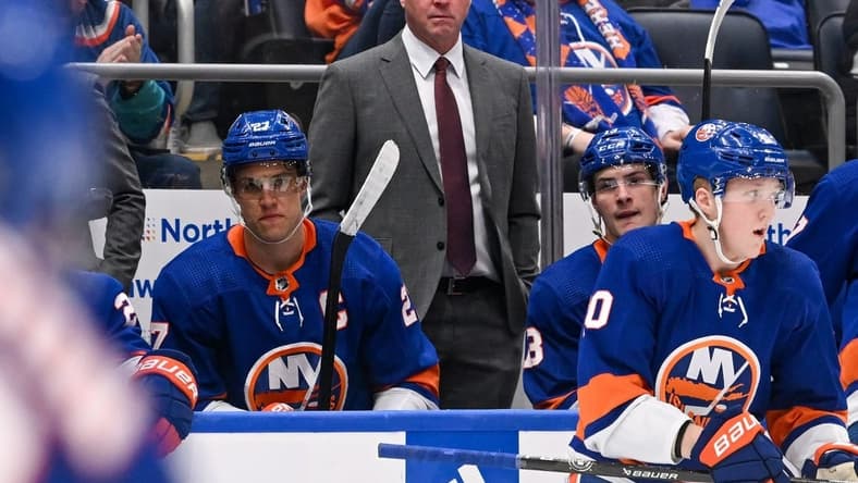 Feb 8, 2024; Elmont, New York, USA; New York Islanders head coach Patrick Roy coaches against the Tampa Bay Lightning during the third period at UBS Arena. Mandatory Credit: Dennis Schneidler-USA TODAY Sports