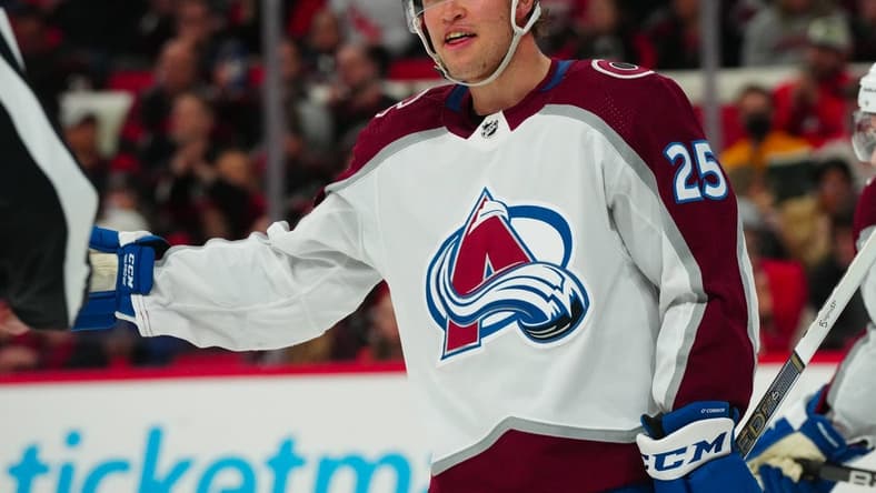 Feb 8, 2024; Raleigh, North Carolina, USA; Colorado Avalanche right wing Logan O'Connor (25) reacts against the Carolina Hurricanes during the third period at PNC Arena. Mandatory Credit: James Guillory-USA TODAY Sports