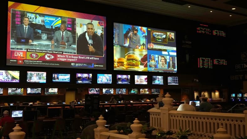Feb 9, 2024; Las Vegas, NV, USA; The BetMGM Sportsbook at the Mandalay Bay resort and casino. Mandatory Credit: Kirby Lee-USA TODAY Sports