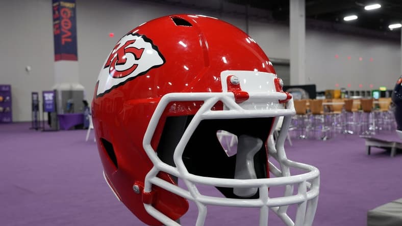 Feb 9, 2024; Las Vegas, NV, USA; A large Kansas City Chiefs helmet at the NFL Experience at the Mandalay Bay South Convention Center. Mandatory Credit: Kirby Lee-USA TODAY Sports