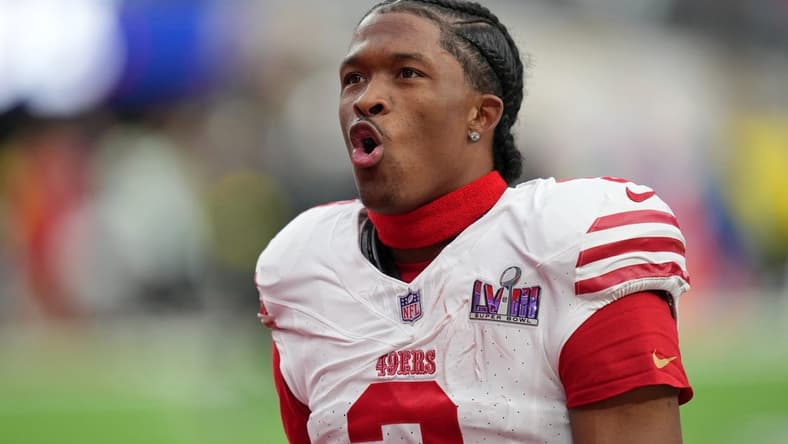 Feb 11, 2024; Paradise, Nevada, USA; San Francisco 49ers wide receiver Ray-Ray McCloud III (3) warms up before Super Bowl LVIII against the Kansas City Chiefs at Allegiant Stadium. Mandatory Credit: Kirby Lee-USA TODAY Sports