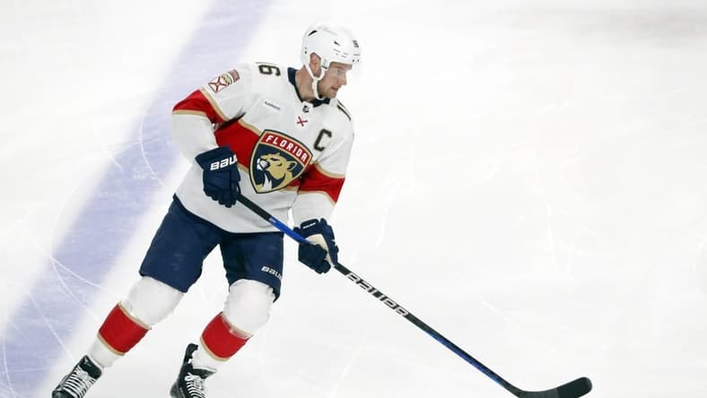 Feb 14, 2024; Pittsburgh, Pennsylvania, USA; Florida Panthers center Aleksander Barkov (16) warms up before the game against the Pittsburgh Penguins at PPG Paints Arena. Mandatory Credit: Charles LeClaire-USA TODAY Sports