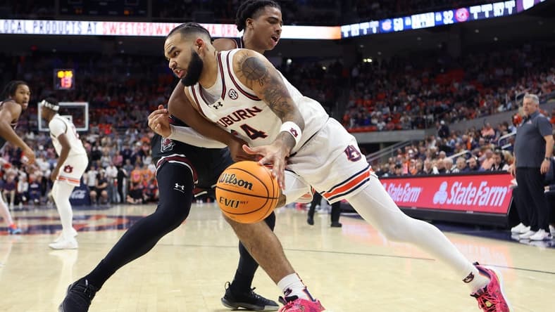 Feb 14, 2024; Auburn, Alabama, USA; South Carolina Gamecocks forward Collin Murray-Boyles (30) fouls Auburn Tigers forward Johni Broome (4) during the second half at Neville Arena. Mandatory Credit: John Reed-USA TODAY Sports