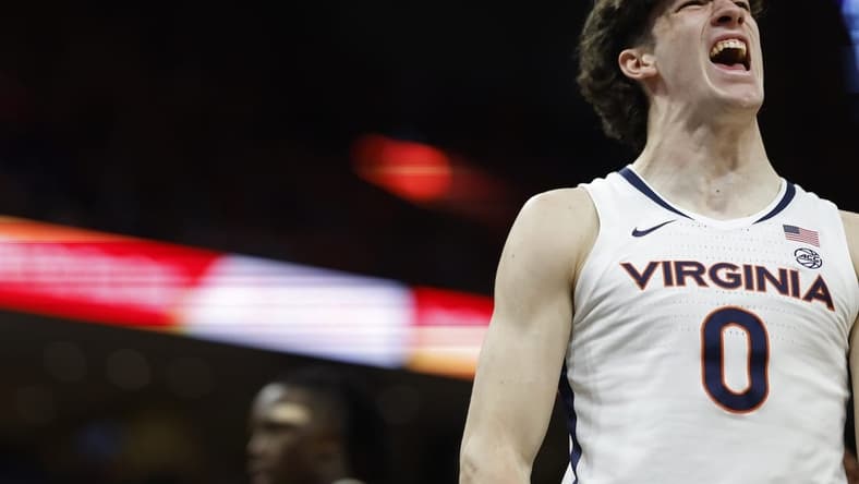 Feb 17, 2024; Charlottesville, Virginia, USA; Virginia Cavaliers forward Blake Buchanan (0) reacts after scoring while being fouled against the Wake Forest Demon Deacons in the second half at John Paul Jones Arena. Mandatory Credit: Geoff Burke-USA TODAY Sports