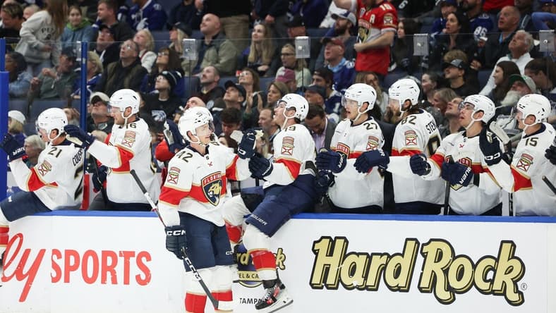Feb 17, 2024; Tampa, Florida, USA; Florida Panthers defenseman Gustav Forsling (42) celebrates after scoring a goal against the Tampa Bay Lightning in the first period at Amalie Arena. Mandatory Credit: Nathan Ray Seebeck-USA TODAY Sports