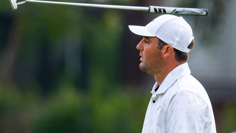 Feb 17, 2024; Pacific Palisades, California, USA; Scottie Scheffler reacts after a putt on the sixteenth hole during the third round of The Genesis Invitational golf tournament at Riviera Country Club. Mandatory Credit: Jason Parkhurst-USA TODAY Sports