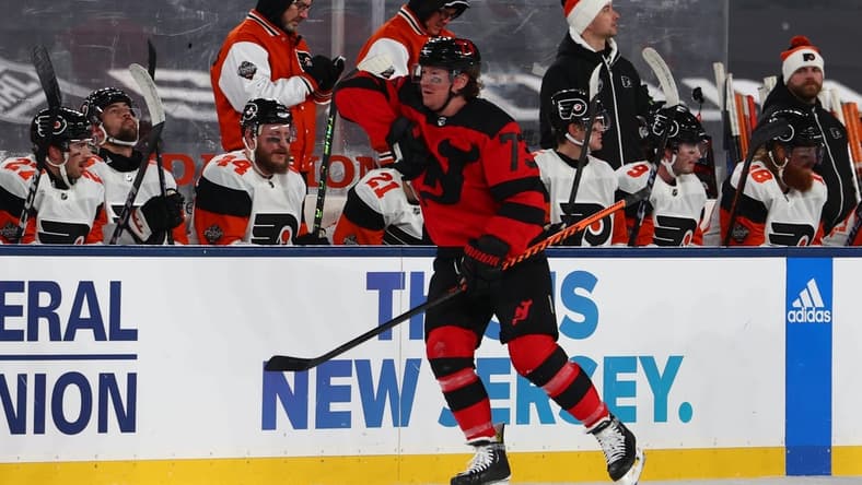 Feb 17, 2024; East Rutherford, New Jersey, USA; New Jersey Devils right wing Tyler Toffoli (73) celebrates his goal against the Philadelphia Flyers during the first period in a Stadium Series ice hockey game at MetLife Stadium. Mandatory Credit: Ed Mulholland-USA TODAY Sports