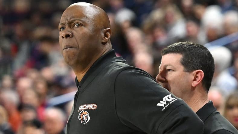 Feb 17, 2024; Spokane, Washington, USA; Pacific Tigers head coach Leonard Perry looks on during a game against the Gonzaga Bulldogs in the first half at McCarthey Athletic Center. Mandatory Credit: James Snook-USA TODAY Sports
