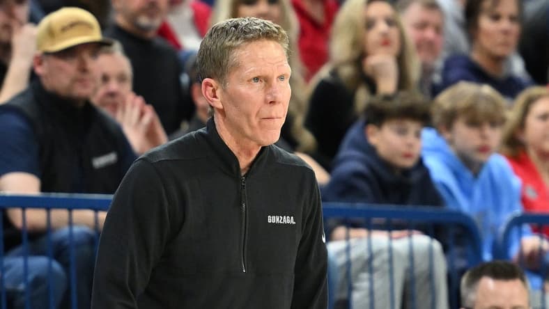 Feb 17, 2024; Spokane, Washington, USA; Gonzaga Bulldogs head coach Mark Few looks on against the Pacific Tigers in the first half at McCarthey Athletic Center. Mandatory Credit: James Snook-USA TODAY Sports