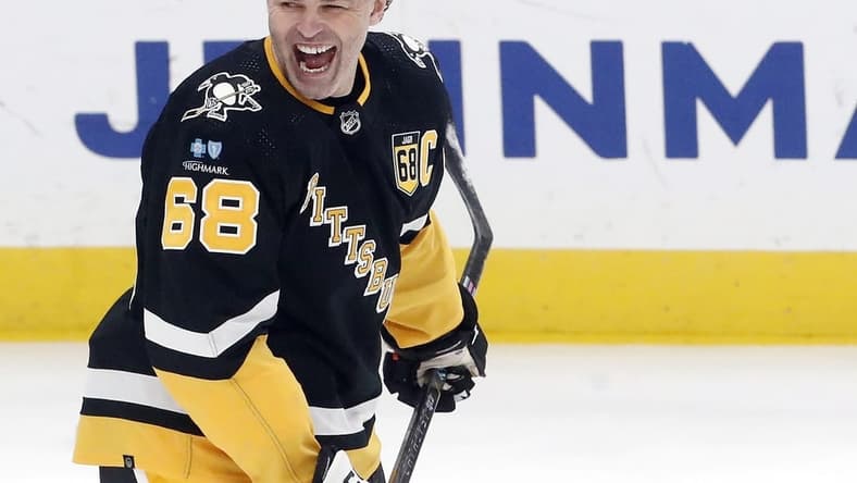 Feb 18, 2024; Pittsburgh, Pennsylvania, USA;  Pittsburgh Penguins former right wing Jaromir Jagr (68) reacts during warm-ups against the Los Angeles Kings at PPG Paints Arena. The Kings won 2-1. Mandatory Credit: Charles LeClaire-USA TODAY Sports