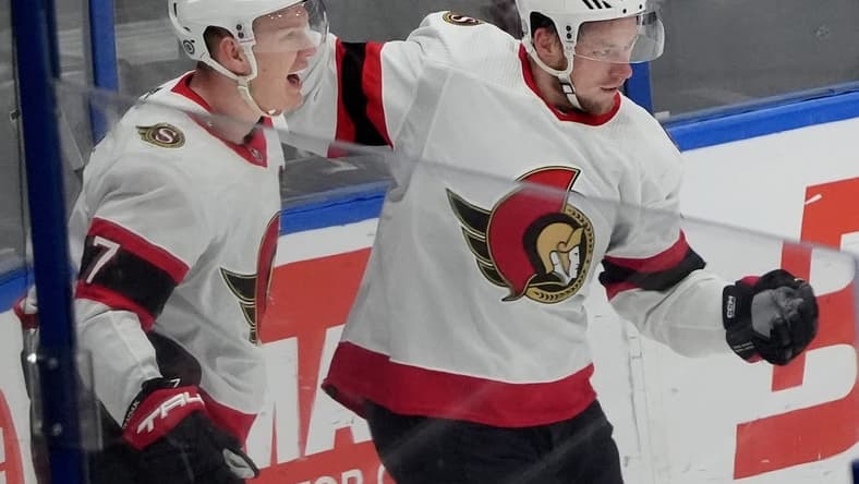 Feb 19, 2024; Tampa, Florida, USA; Ottawa Senators right wing Vladimir Tarasenko (91) is congratulated by left wing Brady Tkachuk (7) after scoring a goal against the Tampa Bay Lightning during the third period at Amalie Arena. Mandatory Credit: Dave Nelson-USA TODAY Sports