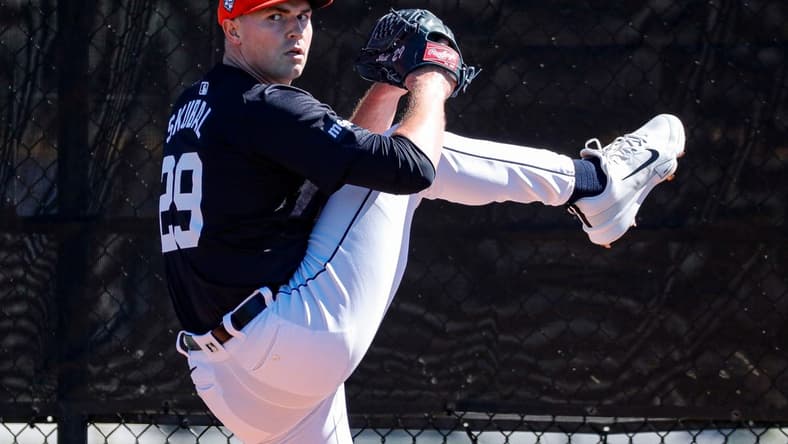 Detroit Tigers pitcher Tarik Skubal throws during spring training at TigerTown in Lakeland, Fla. on Tuesday, Feb. 20, 2024.