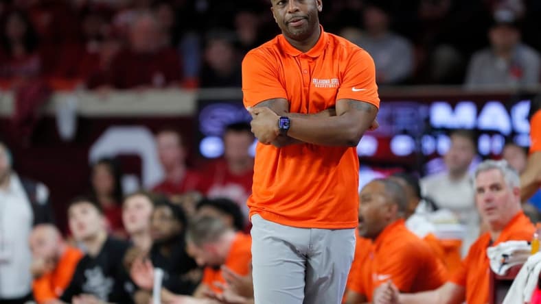 Oklahoma State coach Mike Boynton watches his team during a Bedlam college basketball game between the University of Oklahoma Sooners (OU) and the Oklahoma State Cowboys (OSU) at Lloyd Noble Center in Norman, Okla., Saturday, Feb. 10, 2024. Oklahoma won 66-62.