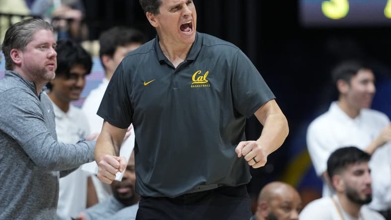 Feb 24, 2024; Berkeley, California, USA; California Golden Bears head coach Mark Madsen reacts during the first half against the Oregon Ducks at Haas Pavilion. Mandatory Credit: Darren Yamashita-USA TODAY Sports