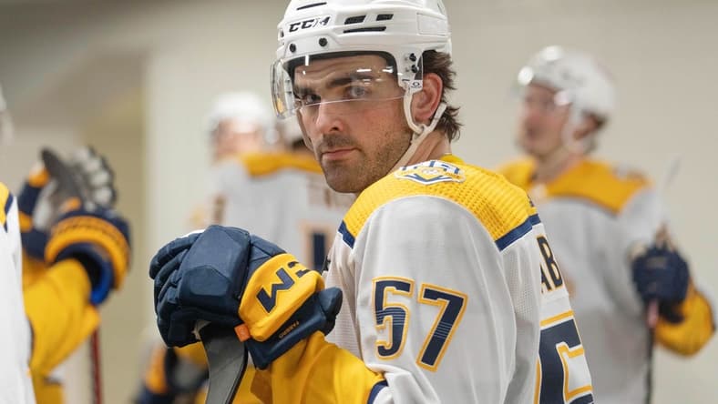 Feb 24, 2024; San Jose, California, USA; Nashville Predators defenseman Dante Fabbro (57) before the start of the first period against the San Jose Sharks at SAP Center at San Jose. Mandatory Credit: Stan Szeto-USA TODAY Sports