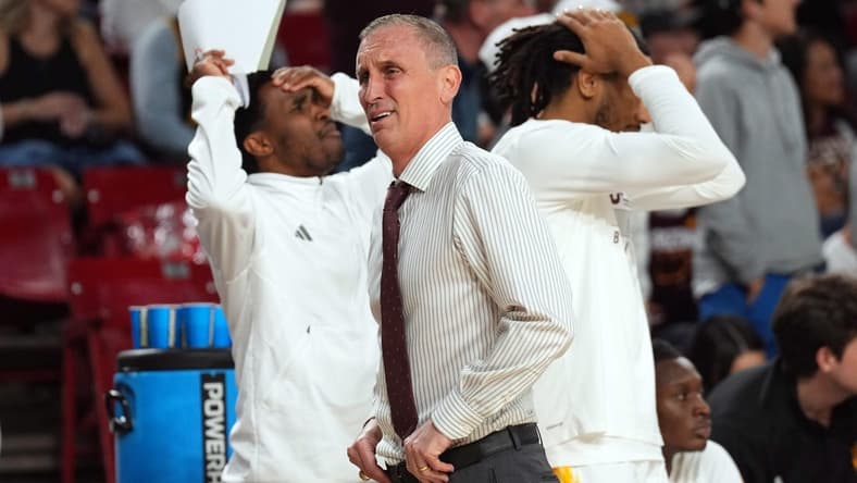 Feb 24, 2024; Tempe, Arizona, USA; Arizona State Sun Devils head coach Bobby Hurley reacts against the Washington State Cougars during the second half at Desert Financial Arena. Mandatory Credit: Joe Camporeale-USA TODAY Sports