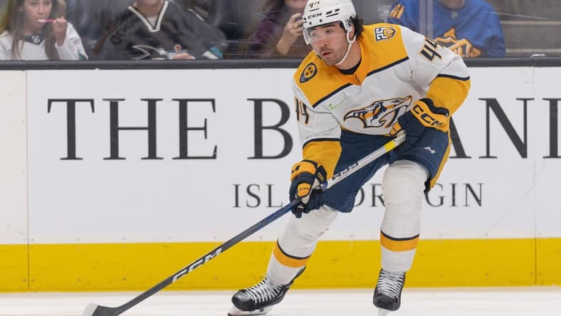 Feb 24, 2024; San Jose, California, USA; Nashville Predators left wing Kiefer Sherwood (44) controls the puck during the third period against the San Jose Sharks at SAP Center at San Jose. Mandatory Credit: Stan Szeto-USA TODAY Sports