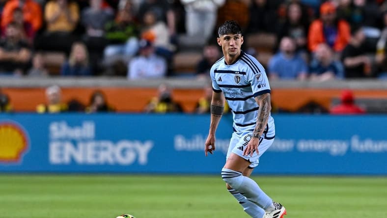 Feb 24, 2024; Houston, Texas, USA; Sporting Kansas City forward Alan Pulido (9) controls the ball during the first half against Houston Dynamo FC at Shell Energy Stadium. Mandatory Credit: Maria Lysaker-USA TODAY Sports
