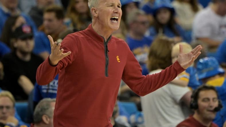 Feb 24, 2024; Los Angeles, California, USA; USC Trojans head coach Andy Enfield yells from the bench in the second half against the UCLA Bruins at Pauley Pavilion presented by Wescom. Mandatory Credit: Jayne Kamin-Oncea-USA TODAY Sports