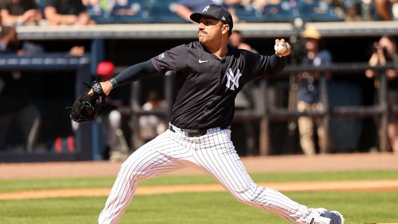Feb 26, 2024; Tampa, Florida, USA; New York Yankees starting pitcher Nestor Cortes (65) throws a pitch during the first inning against the Minnesota Twins at George M. Steinbrenner Field. Mandatory Credit: Kim Klement Neitzel-USA TODAY Sports
