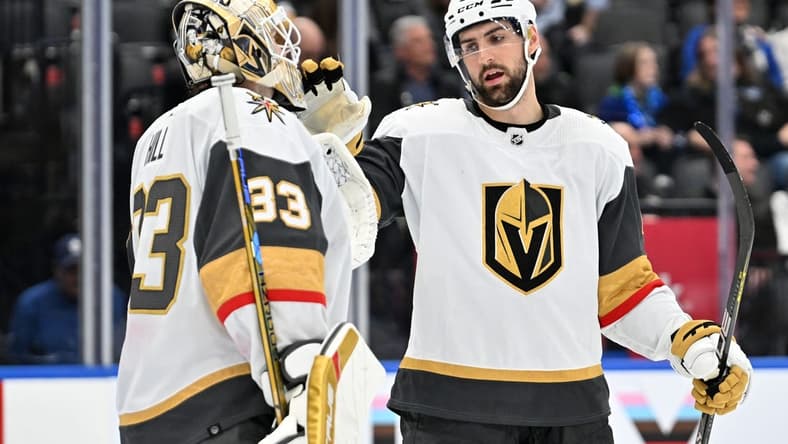 Feb 27, 2024; Toronto, Ontario, CAN;  Vegas Golden Knights defenseman Nicolas Hague (14)greets goalie Adin Hill (33) as they celebrate a win over the Toronto Maple Leafs at Scotiabank Arena. Mandatory Credit: Dan Hamilton-USA TODAY Sports
