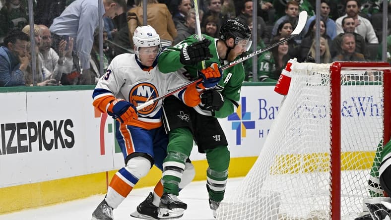 Feb 26, 2024; Dallas, Texas, USA; New York Islanders center Casey Cizikas (53) and Dallas Stars center Joe Pavelski (16) in action during the game between the Dallas Stars and the New York Islanders at the American Airlines Center. Mandatory Credit: Jerome Miron-USA TODAY Sports
