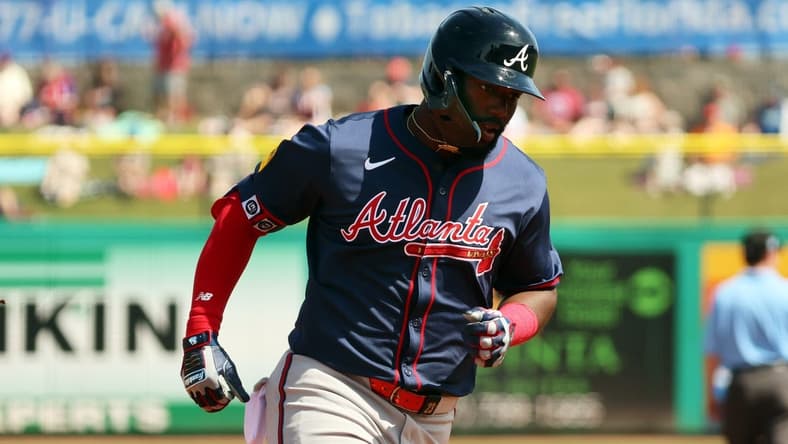 Feb 28, 2024; Clearwater, Florida, USA; Atlanta Braves center fielder Michael Harris II (23) hits a home run during the third inning against the Philadelphia Phillies at BayCare Ballpark. Mandatory Credit: Kim Klement Neitzel-USA TODAY Sports