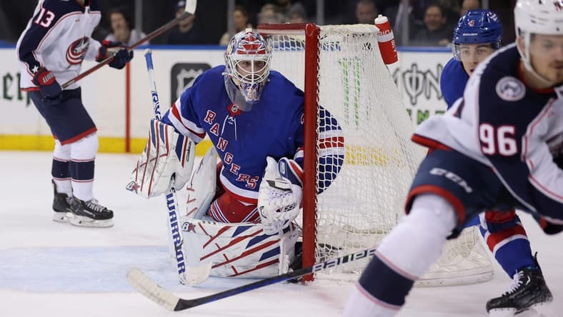 Feb 28, 2024; New York, New York, USA; New York Rangers goaltender Igor Shesterkin (31) tends net against the Columbus Blue Jackets during the first period at Madison Square Garden. Mandatory Credit: Brad Penner-USA TODAY Sports