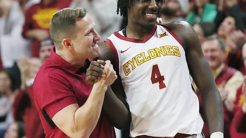 Iowa State Cyclones men's basketball head coach T. J. Otzelberger congratulates Iowa State Cyclones guard Demarion Watson (4) after winning 58-45 over Oklahoma Sooners in the Big-12 conference showdown at Hilton Coliseum on Wednesday, Feb. 28, 2024, in Ames, Iowa.
